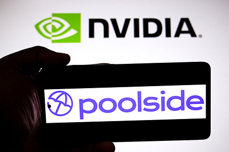 In this photo illustration, a Poolside AI logo is seen displayed on a smartphone with a Nvidia logo in the background.