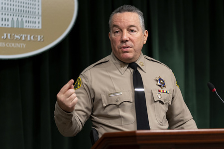 Sheriff Alex Villanueva seen speaking to the media during a press conference in Los Angeles.
