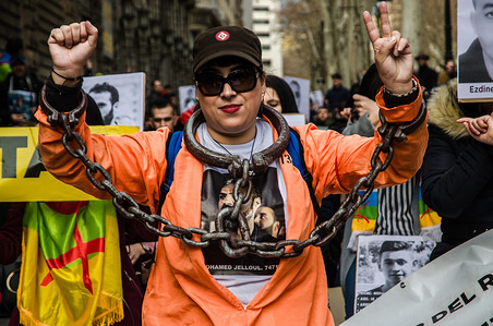 A protester seen showing herself chained in reference of the repression suffered by the people of the Rif. Third March in Barcelona by the resistance, freedom and justice of the people of the Rif. Striking against the Government of Morocco began at the end of last year 2017. Currently there are more than 300 political prisoners detained for demanding justice and economic development of the region, in the North of Morocco.