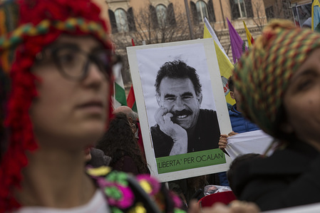 Demonstrators seen holding a photo of the The PKK leader Abdullah Ocalan during the protest. Italian Kurdish community demonstrated in Rome against Turkey's assault on the Kurdish region of Syria Afrin. Turkish army has been attacking Kurdish fighters since the 20 January.
The demonstrators are calling for the release of PKK leader Abdullah Ocalan among other political prisoners and in solidarity with the resistance of the Kurdish population in Afrin.