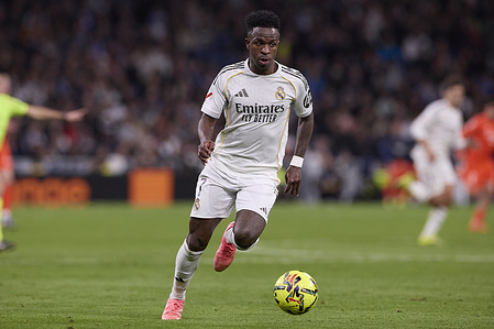 Vinicius Junior of Real Madrid CF is seen in action during the LaLiga EA Sports 2025/2026 week 24 football match between Real Madrid CF and Real Sociedad at Santiago Bernabeu Stadium. Final score: Real Madrid CF 4:1 Real Sociedad.