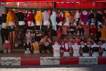 A swimsuit stall in Pratunam Market, one of the largest and busiest wholesale clothing markets in Bangkok.