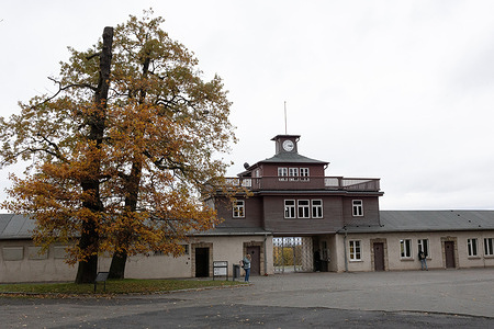A view of the main entrance to the former Buchenwald concentration camp near Weimar. The site now serves as a memorial to thousands of Jews and other prisoners who died in horrific conditions during World War II.