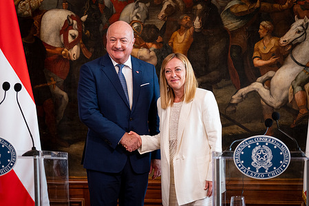 Italian Prime Minister Giorgia Meloni and Federal Chancellor of Austria, Christian Stocker address a press conference after a meeting at Palazzo Chigi.
