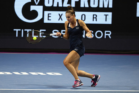 Veronika Kudermetova of Russia plays against Belinda Bencic of Switzerland during the St. Petersburg Ladies Trophy 2022 tennis tournament.Final score: (Veronika Kudermetova 1-2 Belinda Bencic)