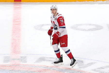 Maxim Shalunov (78) of Lokomotiv Hockey Club seen in action during the Hockey match, Kontinental Hockey League 2025/2026 between Shanghai Dragons China and Lokomotiv Yaroslavl at the SKA Arena. (Final score; Shanghai Dragons 0:2 Lokomotiv Yaroslavl).