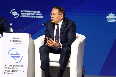 Alexey Likhachev, Director General, ROSATOM State Atomic Energy Corporation, during the Transport Connectivity as the Basis of a New World Order: From Global Competition to Universal Security Plenary session of the International Transport and Logistics Forum at Expoforum 2026, in St. Petersburg.