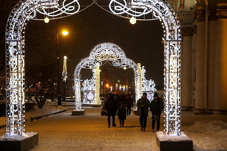 New Year and holiday decorations in the city center, near the State Hermitage Museum in Saint Petersburg, Russian Federation.