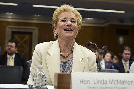 US Department of Education Secretary Linda McMahon arrives for testifies before Senate on Appropriations Committee about to examine proposed budget estimates for fiscal year 2026 for the Department of Education during a hearing, at Dirksen Senate/Capitol Hill in Washington DC.