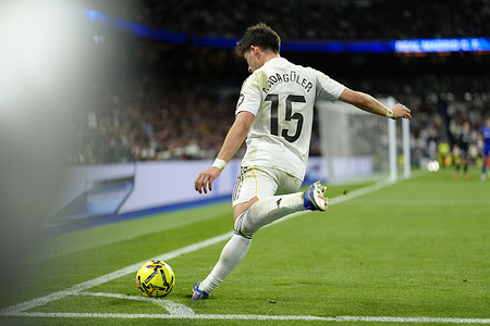 Arda Güler of Real Madrid CF is seen in action during the LaLiga EA Sports match between Real Madrid CF and Getafe CF at the Santiago Bernabéu. Final Score: Real Madrid CF 0-1 Getafe CF.