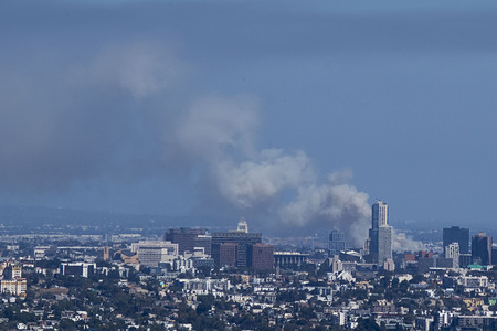 General view of a warehouse fire in the Boyle Heights section of Los Angeles. Mayor Los Angeles Mayor Karen Bass today issued a declaration of local emergency to mobilize additional resources for the city in the days ahead to address a large fire at a cold storage facility in Boyle Heights.