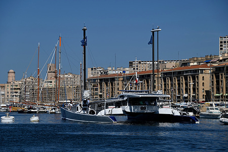 The Energy Observer catamaran, the first energy-autonomous vessel, leaves the French Mediterranean port of Marseille. It is the first catamaran to complete a world round trip combining a 100% renewable energy mix and hydrogen is produced on board by electrolysis of seawater.