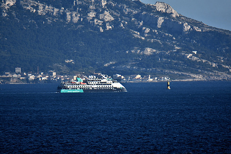 The liner Sylvia Earle cruise ship leaves the French Mediterranean port of Marseille.