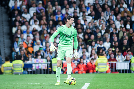 Thibaut Courtois of Real Madrid C.F. seen in action during the La Liga EA SPORTS match between Real Madrid C.F. and Elche C.F. at the Santiago Bernabeu Stadium. Final score: Real Madrid 4 - 1 Elche C.F.
