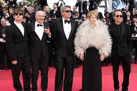Lukasz Zal, Hanns Zischler, Paweł Pawlikowski and Sandra Hüller attend the "Fatherland" screening during the 79th annual Cannes Film Festival at Palais des Festivals.