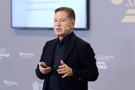 Andrey Bezrukov, President Technological Sovereignty Export Association and Professor at the Department of Applied Analysis of International Problems in MGIMO University attends the Networking: The Secrets of Effective Communication Lecture during The St. Petersburg International Legal Forum at the Expoforum Convention and Exhibition Center.
