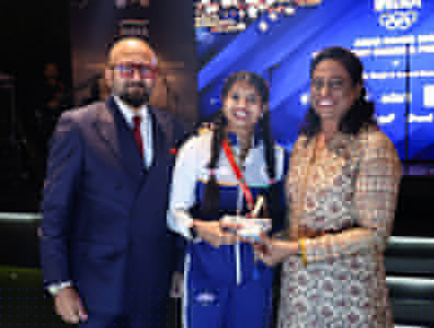 Ancy Sojan of India celebrates winning a silver medal in the women’s long jump at the Asian Games 2026 surpassing the record previously held by Anju Bobby George (not in view) at Nandiya Gardens. Ancy was also awarded the Best Reel award for a video in which she imitated the distinctive mannerisms of Tamil Nadu Chief Minister C. Joseph Vijay.