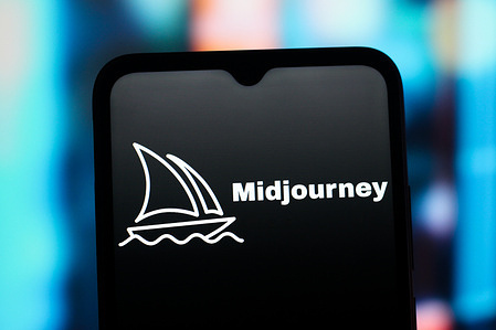 In this photo illustration, the Midjourney AI logo is seen displayed on a smartphone screen.