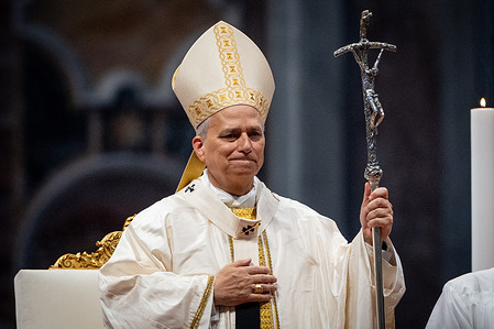 Pope Leo XIV holds the pastoral staff during the celebration of the Holy Mass for the Jubilee of Sports in St. Peter's Basilica.