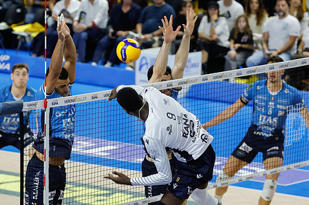 Noumory Keita of Rana Verona Volley (9) in action during the SuperLega Italian Volleyball Championship 2025/2026 between Rana Verona and Itas Trentino at Pala AGSM-AIM Forum. Final score; Rana Verona Volley 3:1 Allianz Milano
