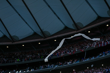 Atletico Madrid fans throw rolls of paper onto the pitch before the first leg of the UEFA Champions League semi-final between Atletico Madrid and Arsenal FC, played at the Metropolitano Stadium.