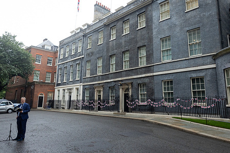 St George’s flags and bunting adorn the outside 10 Downing Street, ahead of the England Football Team’s participation in the Euro 2024 semi finals.