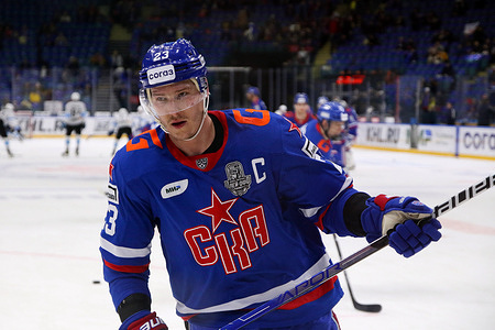 SKA Hockey Club player, Dmitry Jaskin (No.23) in action during the Kontinental Hockey League, Gagarin Cup, 1/4 finals of the Western Conference season KHL 2022 - 2023 between SKA Saint Petersburg and Dinamo Minsk at Ice Sports Palace. Final score; SKA Saint Petersburg 4:6 Dinamo Minsk.