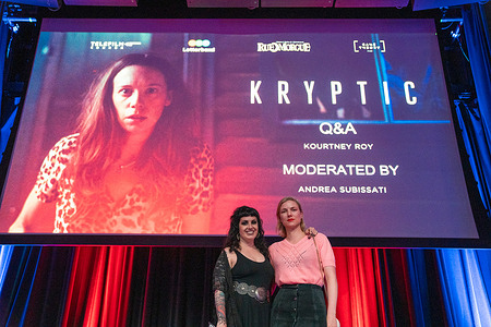 (L to R) Andrea Subissati and Kourtney Roy attend the “Kryptic” film screening at Paradise Theatre. A woman searches for a missing monster hunter, realizing she has an inextricable bond with the creature being pursued.