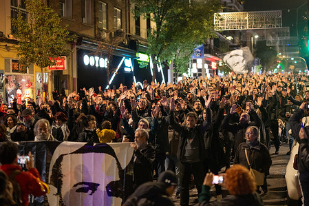 Dozens of demonstrators raise their hands while chanting slogans during an anti-fascist demonstration. An anti-fascist demonstration commemorating the 18th anniversary of the murder of Carlos Palomino, a young man from Madrid, at the hands of Josué Estébanez, a 23-year-old soldier, who was sentenced to 26 years in prison, with the aggravating circumstance of ideological motives was held in Madrid.