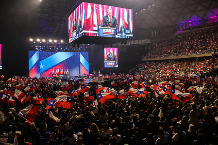 Presidential candidate Jose Antonio Kast delivers a speech during his presidential campaign closing event held at the Movistar Arena with thousands of supporters.