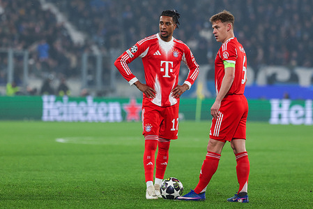 (L-R) Michael Olise of FC Bayern Munchen seen in action with Joshua Kimmich of FC Bayern Munchen during UEFA Champions League 2025/26 Round of 16 First Leg football match between Atalanta BC and FC Bayern Munchen at New Balance Arena in Bergamo Atalanta BC 1 - 6 FC Bayern Munchen