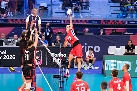 Patrik Indra of Czechia seen in action during the Final Eight of the CEV Enel EuroVolley 2026 Men Belgium Vs Czechia match at PalaVela. Final score Belgium 3 : 1 Czechia.