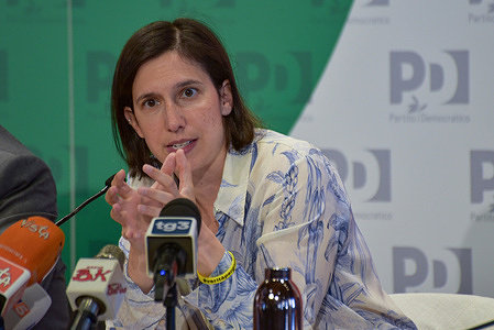 Elly Schlein speaks during a press conference about the Democratic Party’s legislative proposal on local public transport.