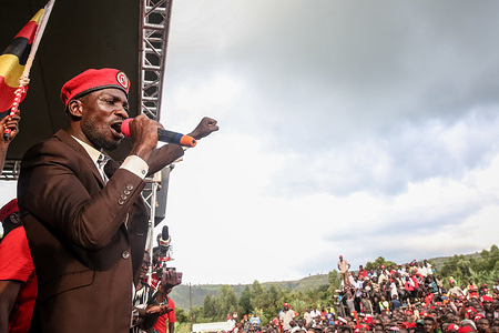 Bobi Wine, aka Robert Kyagulanyi, speaks during a rally in Hoima.
Wine aka Robert Kyagulanyi, campaigned in Hoima ahead of a by-election. It was the first time the musician and presidential candidate with the Uganda's long-serving president Yoweri Kaguta Museveni, campaigned at the same area since Wine was arrested and tortured by security forces in August 2018.