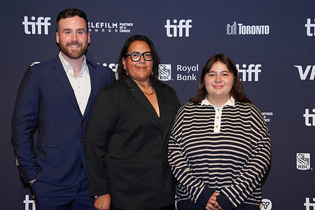 (L-R) Jamie Manning, Darlene Naponse, and Hope McGregor attend the premiere of AKI during the 2025 Toronto International Film Festival at TIFF Lightbox. Set on Atikameksheng Anishnawbek (formerly known as Whitefish Lake), "Aki" is a visual art documentary follows the seasons in director Darlene Naponse’s home community in Northern Ontario.