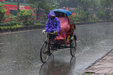 A rickshaw puller seen riding along the street on a rainy day. The heavy monsoon downpour made travel slow and dangerous.