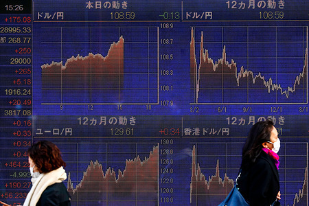 People wearing face masks as a preventive measure against the spread of Covid-19 walk past an electronic board showing currency exchange rates at a securities firm in Tokyo.
