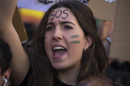 A protester seen chanting slogans during the demonstration.
Hundreds of Spanish students in Madrid join the global movement "Friday for Future" to demand measures against climate change and protection of the environment.