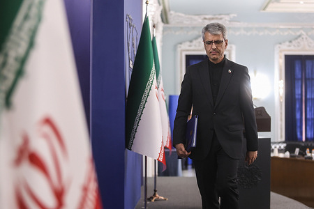Esmaeil Baghaei, spokesperson of Iran's Foreign Ministry, makes speeches during his weekly press conference.