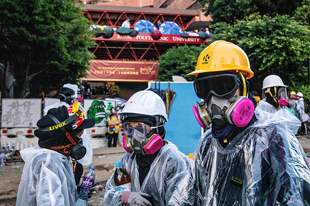 Protesters wearing gas masks at the Polytechnic University during an anti-government demonstration.
Pro- democracy and anti-government demonstrations in Hong Kong that demanded the withdraw of the controversial extradition bill, which included an independent inquiry into police brutality, the retraction of the word "riot" to describe the rallies, and genuine universal suffrage as the territory faced a leadership crisis.