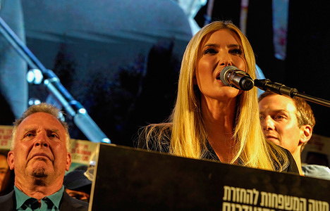 Former Advisor to the President of the United States Ivanka Trump, speaks to the crowds on stage in the Hostage Square during the demonstration. Israelis attended the weekly demonstration calling for the release of 48 Israeli hostages who have been in Hamas captivity in Gaza for over 2 years. This time focus was on thanking U.S. President Trump and his team for reaching an agreement that will end the war and bring all hostages home. Among the speakers were Steve Witkoff, the US Special Envoy to the Middle East; Jared Kushner, former Senior Advisor to the US president and also the President's son-in-law; and Ivanka Trump, former Advisor to the President of the US and the President's daughter. The crowd thanks the President of the US, Donald Trump, Witkoff, Kushner, and Ivanka Trump with singing, cheering, and applause.