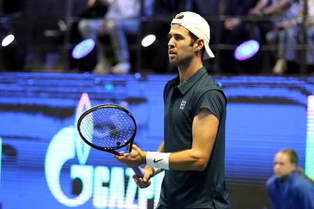 Karen Khachanov of Russia plays against Alexander Bublik of Kazakhstan (Not in view) during the International Team Tennis Tournament Trophies of Northern Palmyra 2025 at The Arena. Final score: (Alexander Bublik 2:5, 4:5, 4:3 Karen Khachanov).