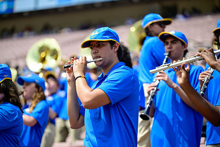 The UCLA band preforms during the UCLA Bruins 2026 Spring Football Game at the Rose Bowl Stadium in Pasadena. The intrasquad showcase marks the team’s final workout of spring practice and provides an early look at the roster ahead of the 2026 season.