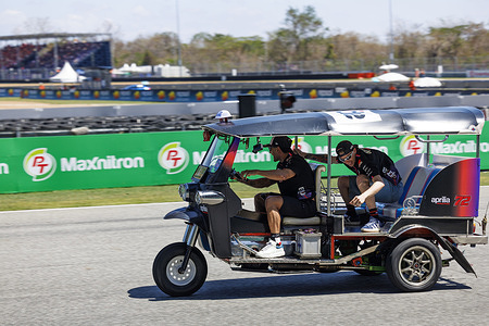 Number 89 Aprilia Racing rider Jorge Martin , Number 72 Aprilia Racing rider Marco Bezzecchi during the driver parade tuk tuk race at the 2026 PT Grand Prix of Thailand