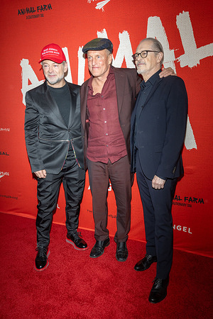 (L-R) Andy Serkis, Woody Harrelson and Steve Buscemi attend the "Animal Farm" New York premiere at Regal Battery Park.