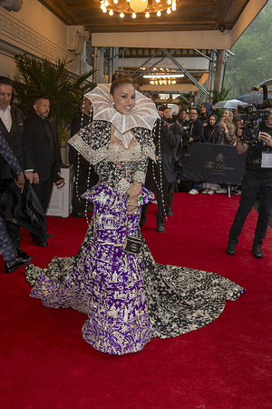 New York, United States - 05/05/2025 16:56:08: Natasha Poonawalla wearing Manish Malhotra departs the Pierre Hotel for 2025 Met Gala in New York City.