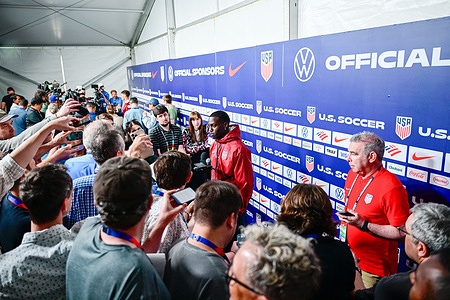 Tim Weah (21) of the United States Men's National Team speaks during a press conference at Great Park ahead of the team's FIFA World Cup 2026 Group D match against Australia at SoFi Stadium.