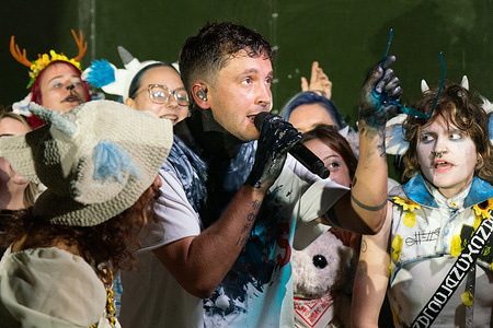 American singer and rapper Tyler Joseph, seen performing with fans dressed as Ned's in the crowd as Twenty One Pilots headlined All Points East Festival at Victoria Park.