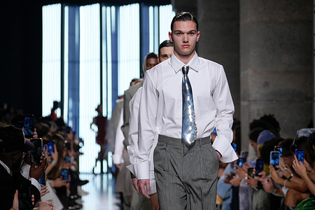 A model walks the runway during Luis Carvalho fashion show at ModaLisboa Pebbling, Lisbon Fashion Week in Lisboa.