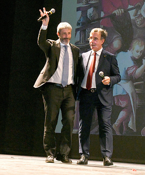 Roberto Fico, (L) President of the Campania Region, waves to people (not in view) at the Teatro San Carlo. Profession Medal Awards Ceremony at Teatro San Carlo.